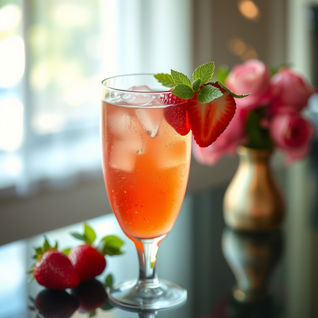 A glass of Strawberry Champagne Fizz garnished with strawberries and mint, showcasing its bubbly pink color.